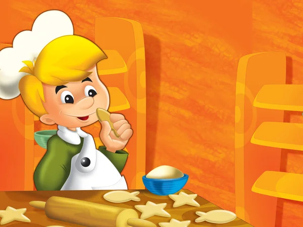 The happy, little kid playing chief and making some food — Stock Photo, Image