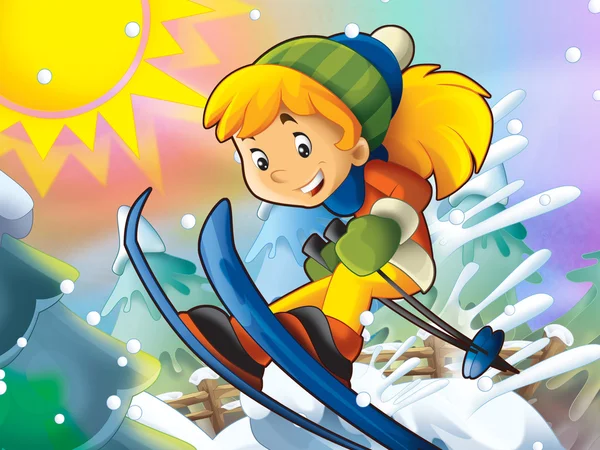 Cartoon child downhill jump — Stock Photo, Image