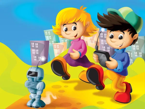 Niños de dibujos animados jugando con robot —  Fotos de Stock