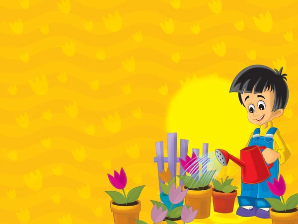 The small boy taking care od his plants — Stock Photo, Image