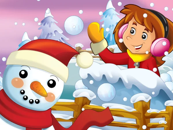 The cartoon snow fight with christmas creatures — Stock Photo, Image