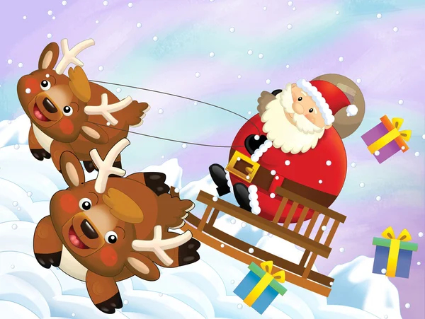 O Papai Noel deslizando com o saco cheio de presentes — Fotografia de Stock
