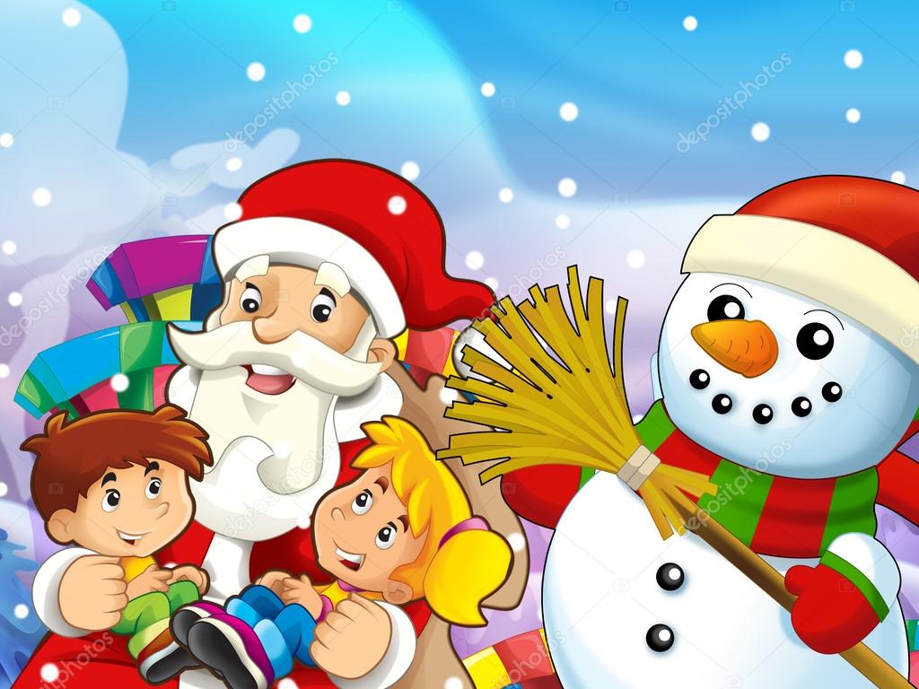The presentation of christmas - santa claus with kids and presents