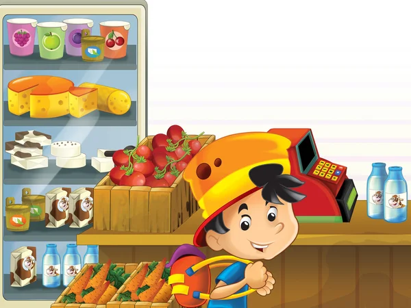 Ilustrace obchod s různého zboží a děti — Stock fotografie