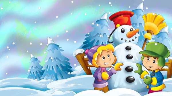 Crianças fazendo feliz e grande boneco de neve — Fotografia de Stock
