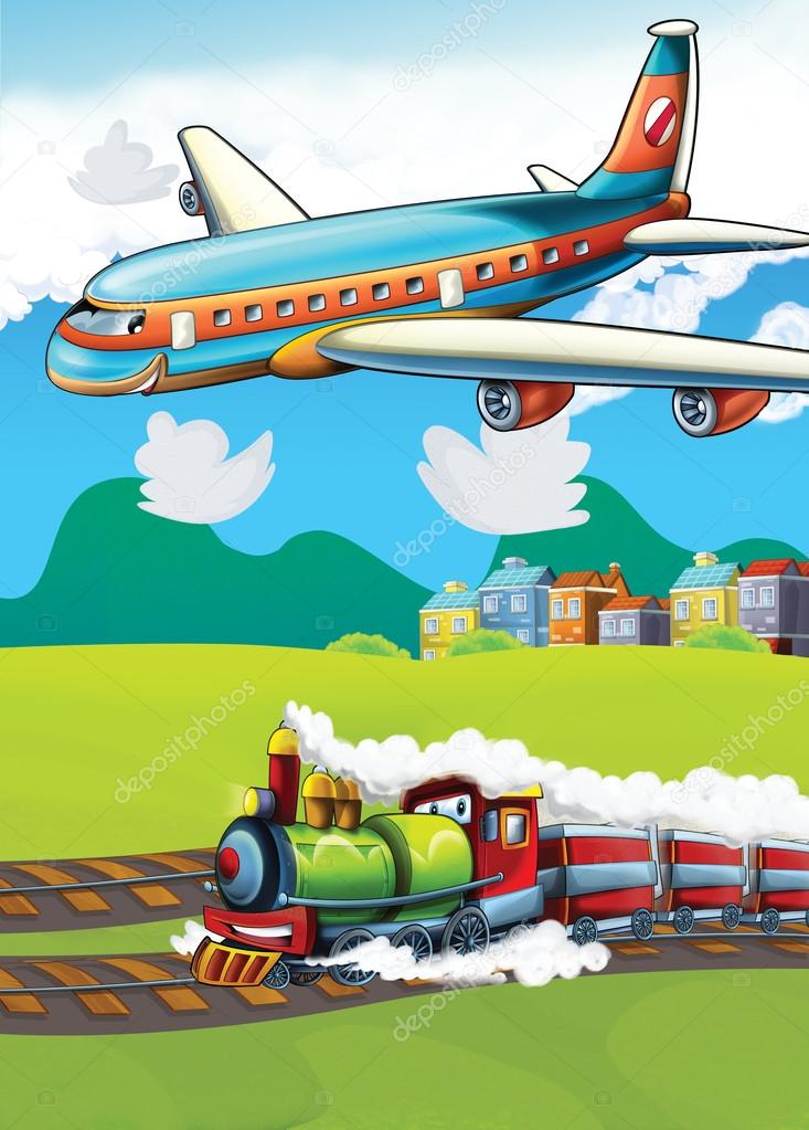 The little happy, cartoon plane and train