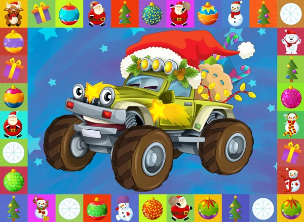 La tarjeta de Navidad - ilustración feliz para los niños - coches - vehículos — Foto de Stock