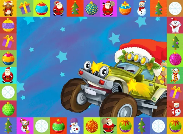 The christmas card - happy illustration for the children - cars - vehicles — Stock Photo, Image