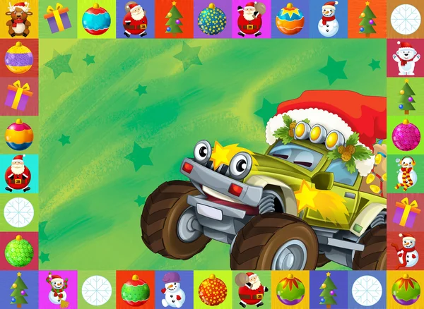 The christmas card - happy illustration for the children - cars - vehicles — Stock Photo, Image