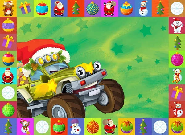 La tarjeta de Navidad - ilustración feliz para los niños - coches - vehículos —  Fotos de Stock