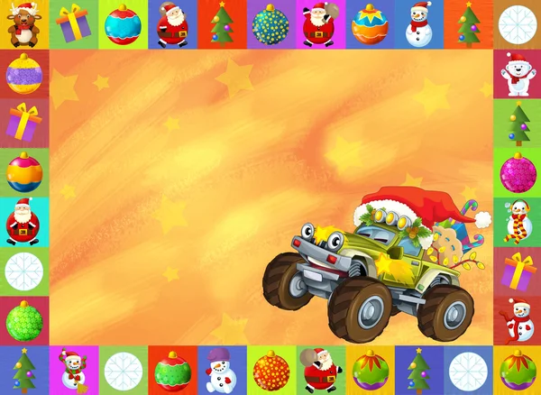 A karácsonyi kártya - boldog illusztráció a gyerekeknek - autók - járművek — Stock Fotó
