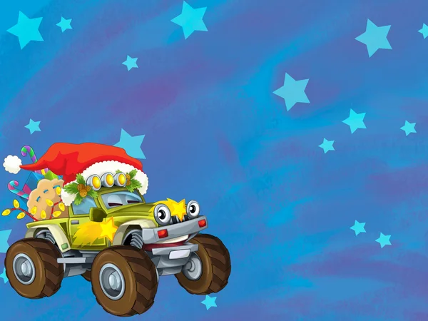 Η χριστουγεννιάτικη κάρτα - ευτυχής παράσταση για τα παιδιά - αυτοκίνητα - οχήματα — Φωτογραφία Αρχείου