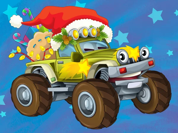 Η χριστουγεννιάτικη κάρτα - ευτυχής παράσταση για τα παιδιά - αυτοκίνητα - οχήματα — Φωτογραφία Αρχείου
