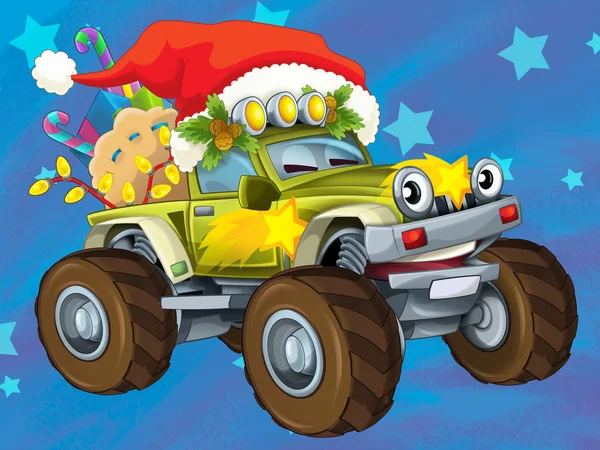 La tarjeta de Navidad - ilustración feliz para los niños - coches - vehículos — Foto de Stock