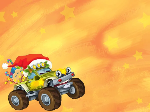 Die Weihnachtskarte - glückliche Illustration für die Kinder - Autos - Fahrzeuge — Stockfoto