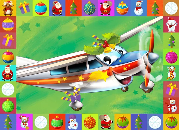 Scena fericita de Craciun - cu cadru - avion de Craciun - vehicul - ilustratie pentru copii — Fotografie, imagine de stoc