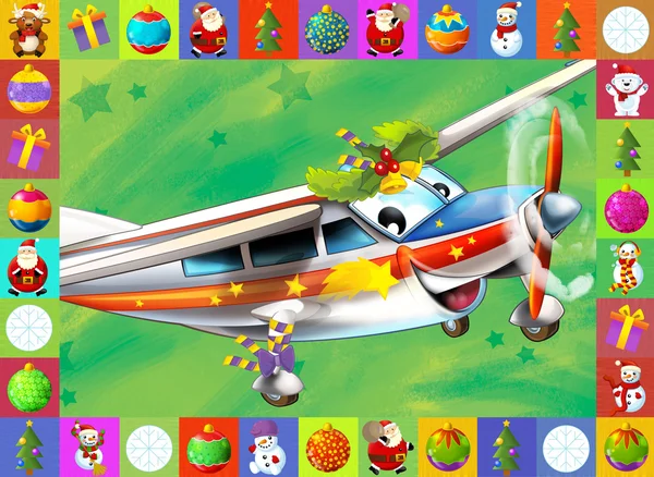 Die glückliche Weihnachtsszene - mit Rahmen - Weihnachtsflugzeug - Fahrzeug - Illustration für die Kinder — Stockfoto