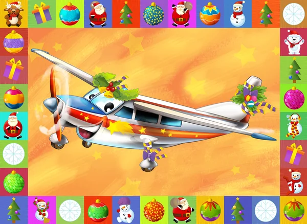 The happy christmas scene - with frame - christmas plane - vehicle - illustration for the children — Stock Photo, Image