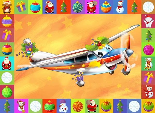 The happy christmas scene - with frame - christmas plane - vehicle - illustration for the children — Stock Photo, Image