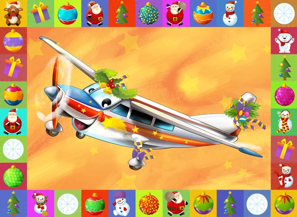 The happy christmas scene - with frame - christmas plane - vehicle - illustration for the children — Stock Photo, Image