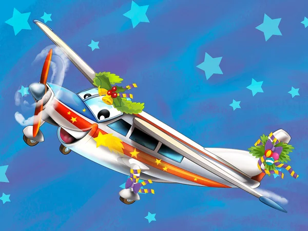 The happy christmas scene - with frame - christmas plane - vehicle - illustration for the children — Stock Photo, Image