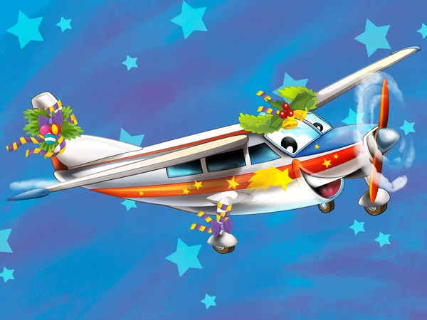 The happy christmas scene - with frame - christmas plane - vehicle - illustration for the children — Stock Photo, Image