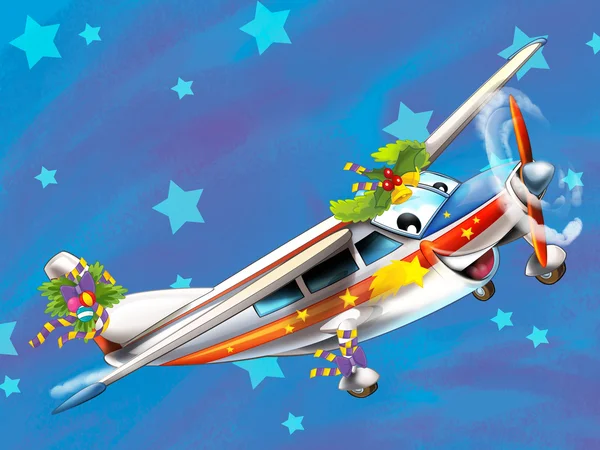 Die glückliche Weihnachtsszene - mit Rahmen - Weihnachtsflugzeug - Fahrzeug - Illustration für die Kinder — Stockfoto
