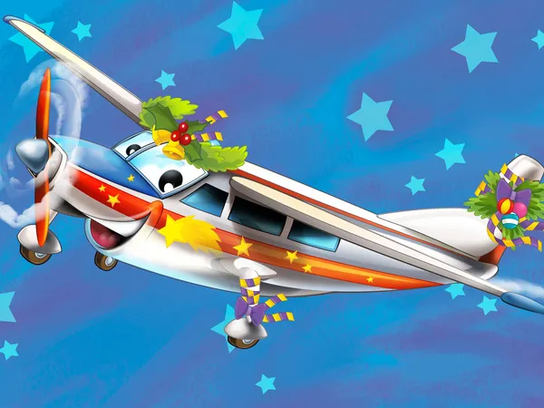 Die glückliche Weihnachtsszene - mit Rahmen - Weihnachtsflugzeug - Fahrzeug - Illustration für die Kinder — Stockfoto