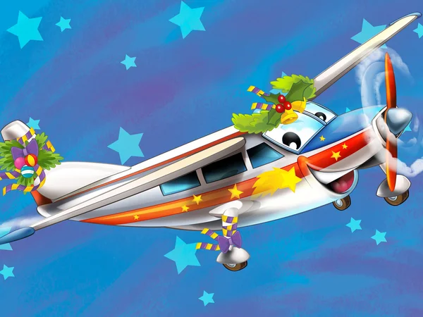 Die glückliche Weihnachtsszene - mit Rahmen - Weihnachtsflugzeug - Fahrzeug - Illustration für die Kinder — Stockfoto