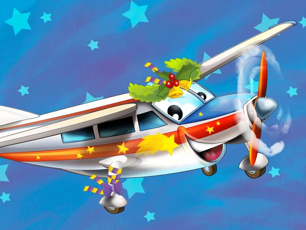 Die glückliche Weihnachtsszene - mit Rahmen - Weihnachtsflugzeug - Fahrzeug - Illustration für die Kinder — Stockfoto