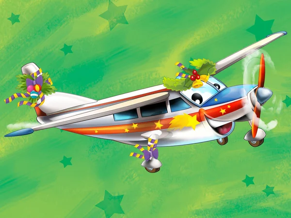 The happy christmas scene - with frame - christmas plane - vehicle - illustration for the children — Stock Photo, Image