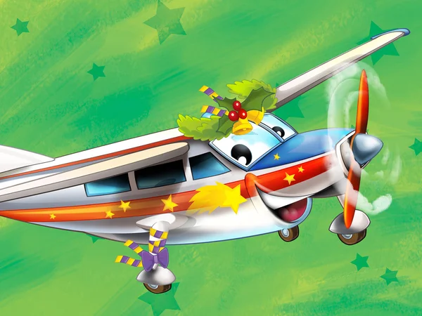 Die glückliche Weihnachtsszene - mit Rahmen - Weihnachtsflugzeug - Fahrzeug - Illustration für die Kinder — Stockfoto