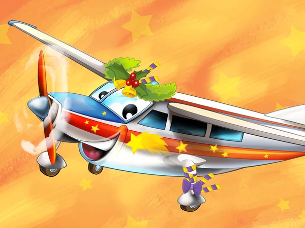 Die glückliche Weihnachtsszene - mit Rahmen - Weihnachtsflugzeug - Fahrzeug - Illustration für die Kinder — Stockfoto