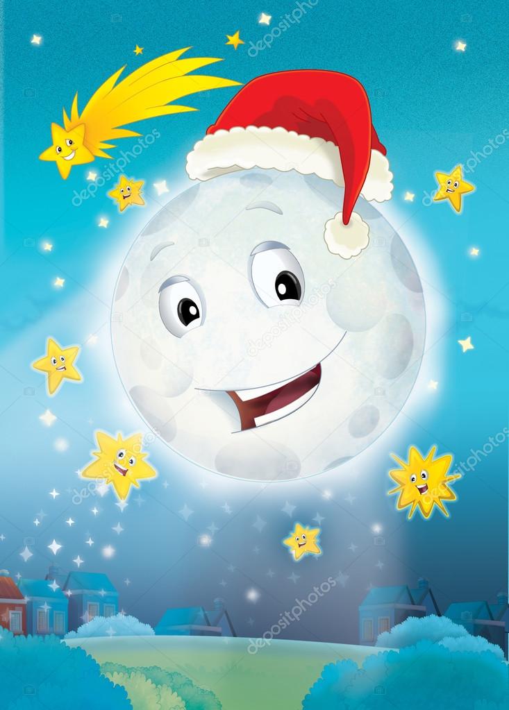 Cartoon smiling moon by the night with the stars