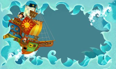 korsan gemisi ile sanatsal karikatür çerçevesini dalgalar