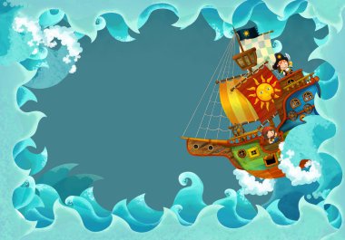 korsan gemisi ile sanatsal karikatür çerçevesini dalgalar