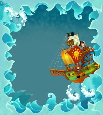 korsan gemisi ile sanatsal karikatür çerçevesini dalgalar