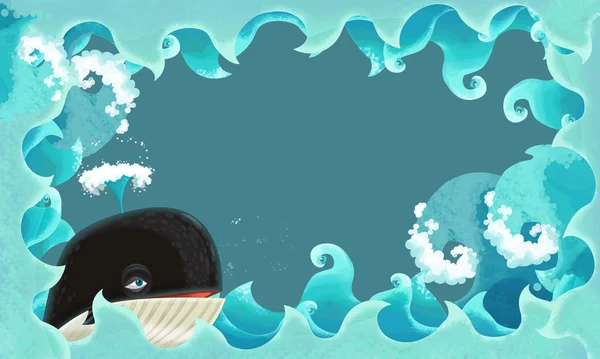 Umělecké kreslený snímek - vlny s velryba — Stock fotografie
