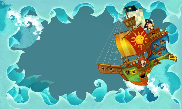 Olas de marco de dibujos animados artísticos con barco pirata —  Fotos de Stock