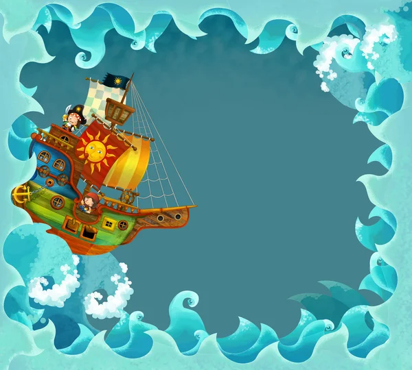 Художественные кадровые волны с пиратским кораблем — стоковое фото