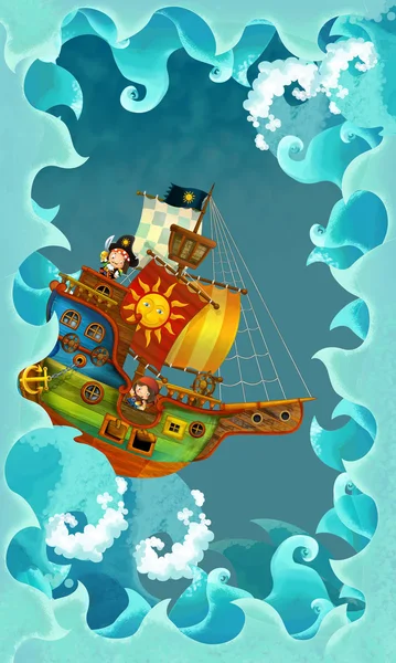 Καλλιτεχνική γελοιογραφία πλαίσιο κύματα με πειρατικό πλοίο — Φωτογραφία Αρχείου