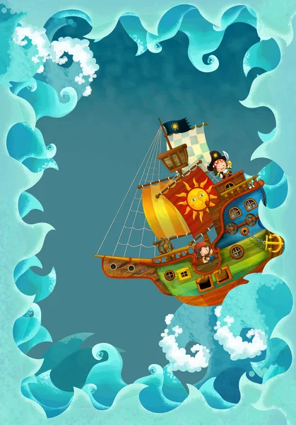 Artistieke cartoon frame golven met piratenschip — Stockfoto