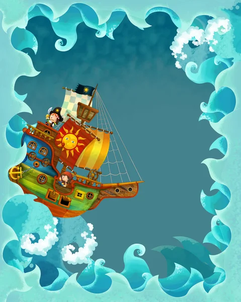 Artistic cartoon frame waves with pirate ship — Stock Photo, Image