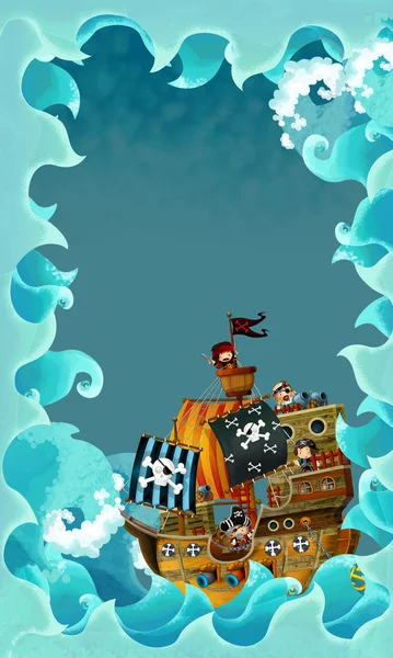 Konstnärligt tecknad ram vågor med piratskepp — Stockfoto