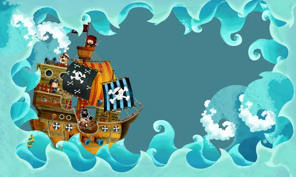 Художні карикатурні хвилі з піратським кораблем — стокове фото