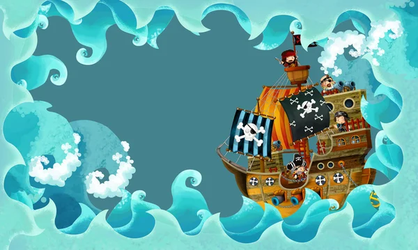Художні карикатурні хвилі з піратським кораблем — стокове фото