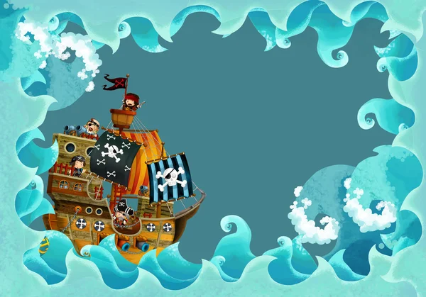 Artistic cartoon frame waves with pirate ship — Stock Photo, Image