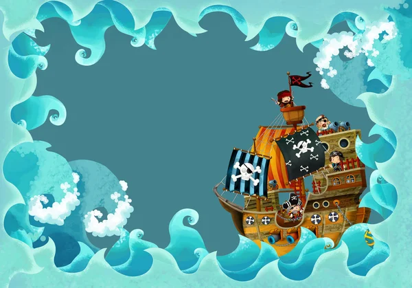 Artistic cartoon frame waves with pirate ship — Stock Photo, Image