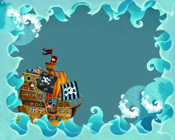 Artistieke cartoon frame golven met piratenschip — Stockfoto