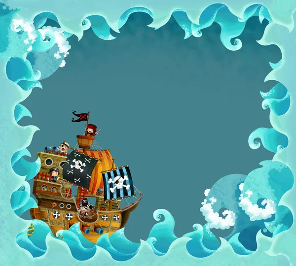 Artistic cartoon frame waves with pirate ship — Stock Photo, Image